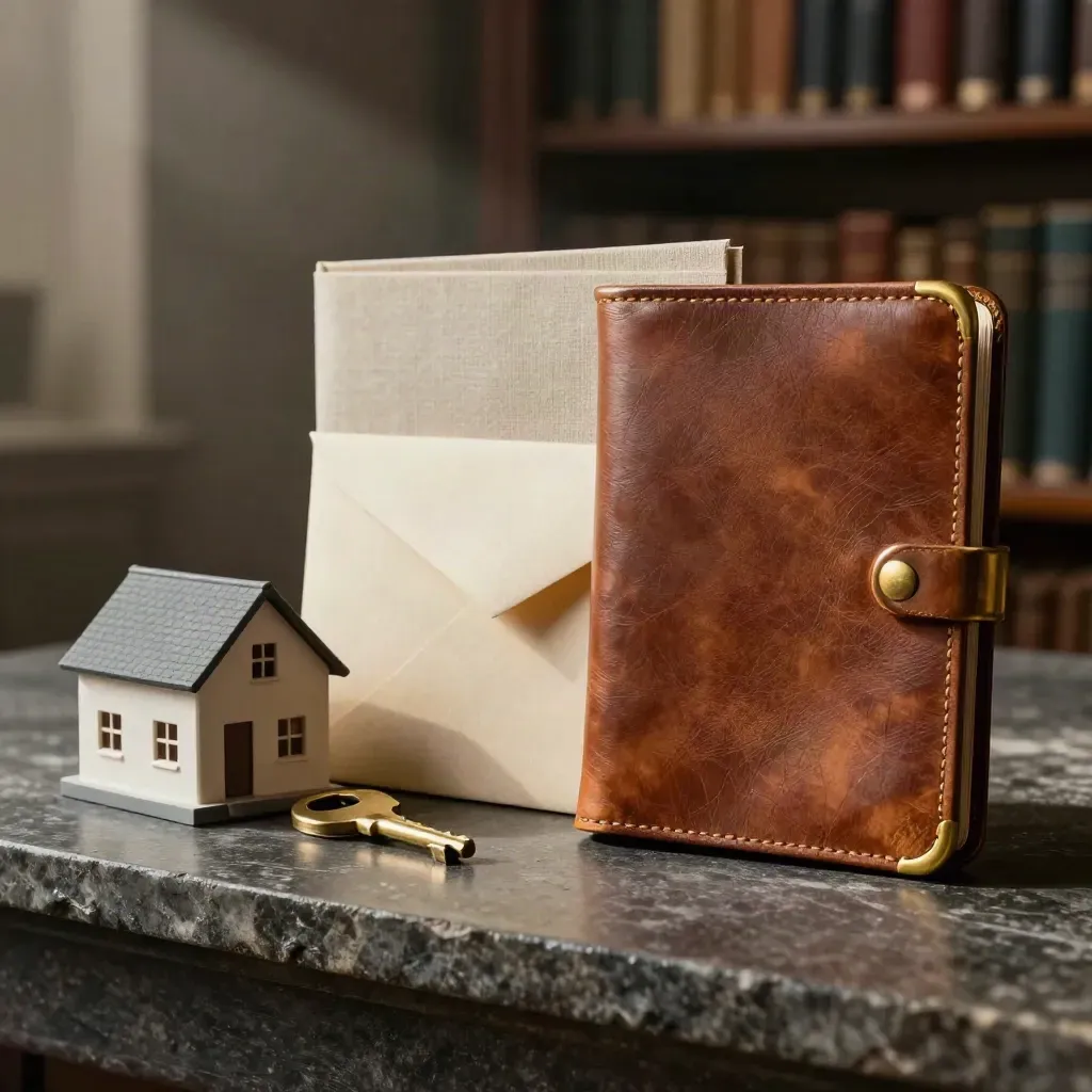 Leather estate pack with folders, sealed envelope, brass key and model home on stone.