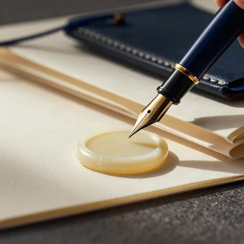 Extreme macro of a pen nib and brass seal stamp setting wax on ivory linen