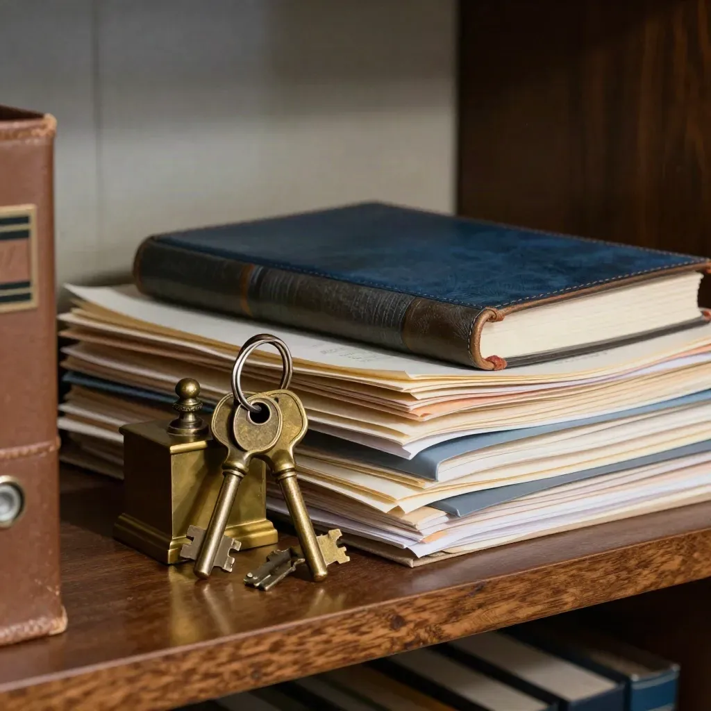 Archive key ring, brass paperweight, and slate leather ledger on a walnut shelf