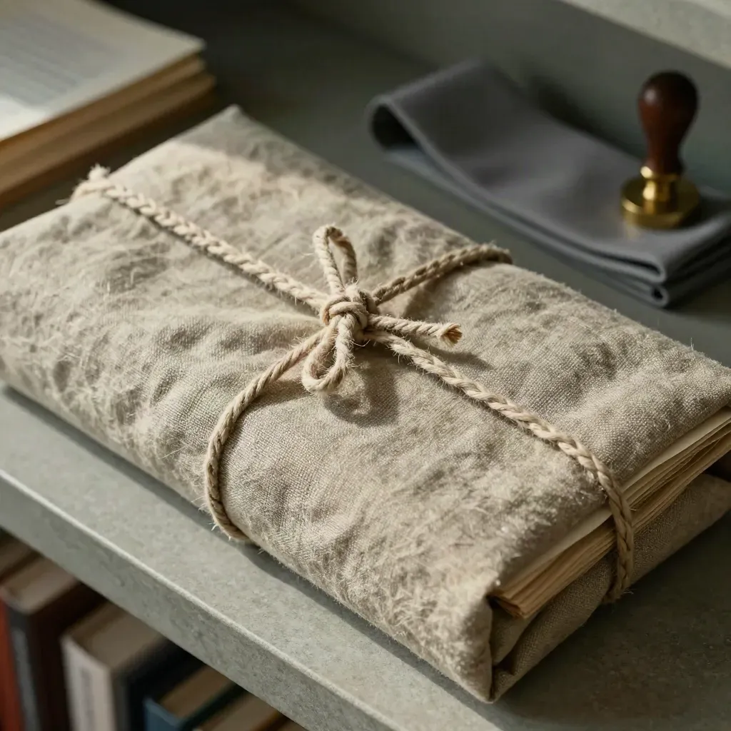 Linen-wrapped archive bundle tied with cotton tape on a stone shelf with brass seal press.