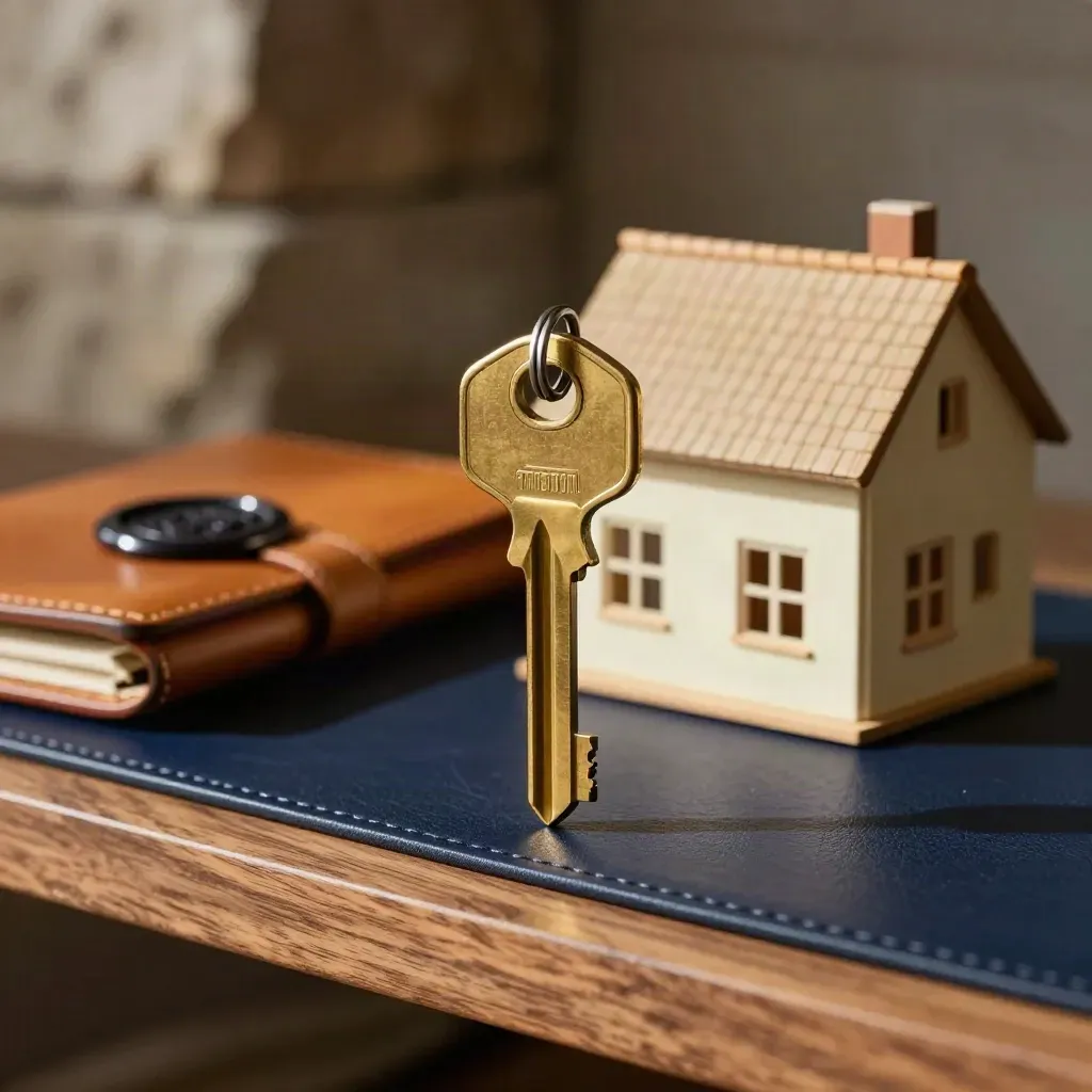 Brass house key, model home, and sealed leather folder on walnut shelf