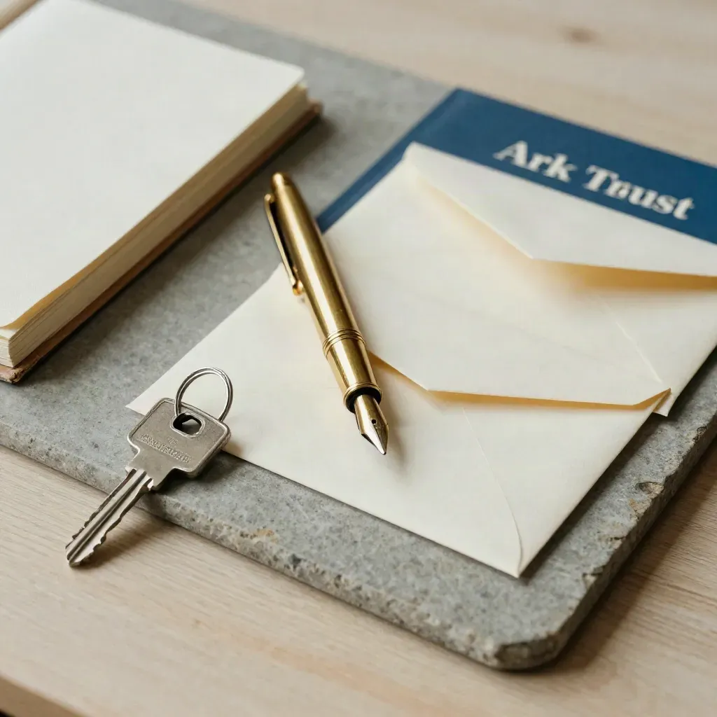 Top-down still life of a brass pen, closed notebook, key ring, and envelopes on stone and wood.