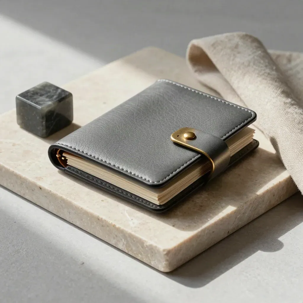 Document wallets, brass clips, stone cube, and linen cloth on a limestone tray