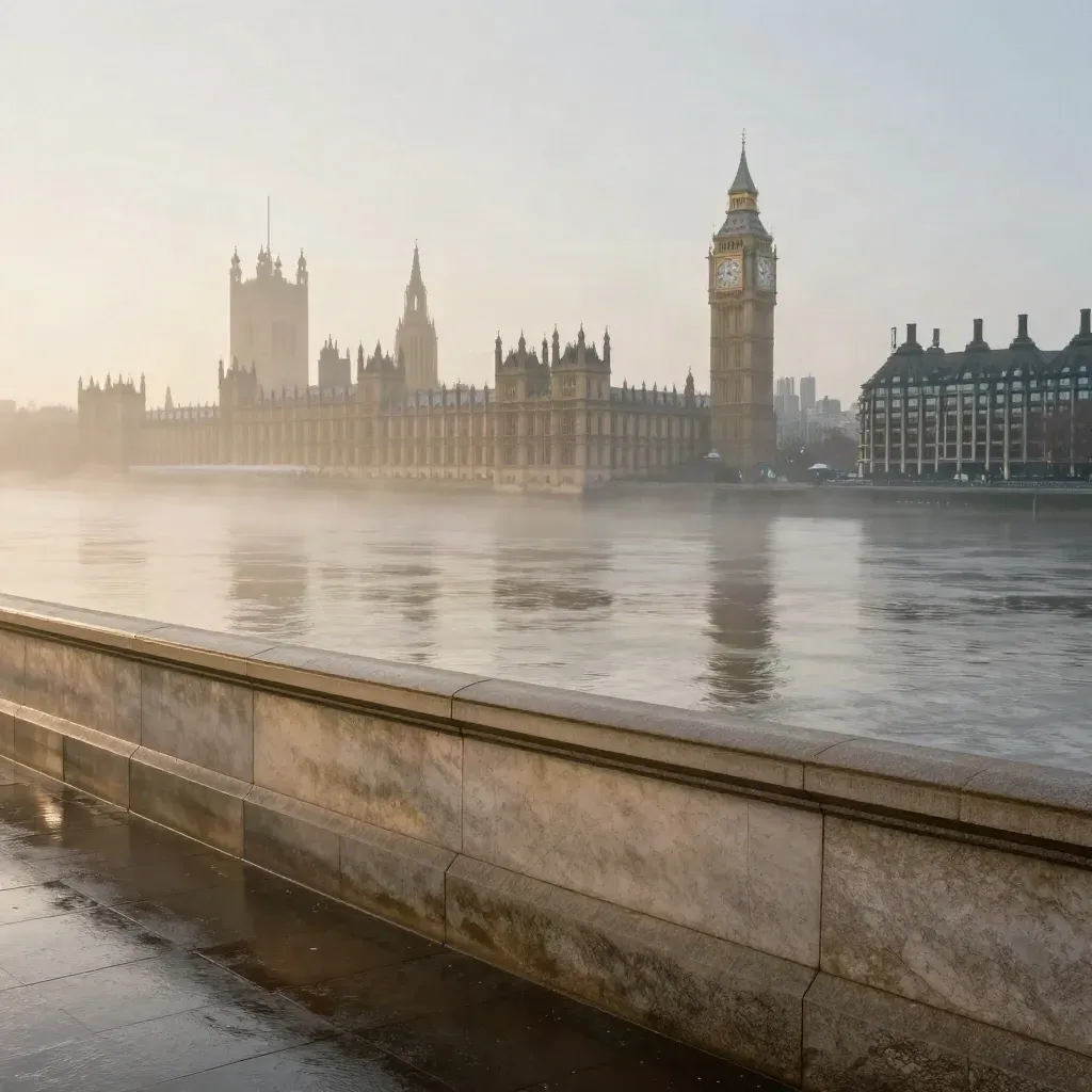 Dawn over the Thames and Westminster skyline in soft fog, with calm water and stone embankment.