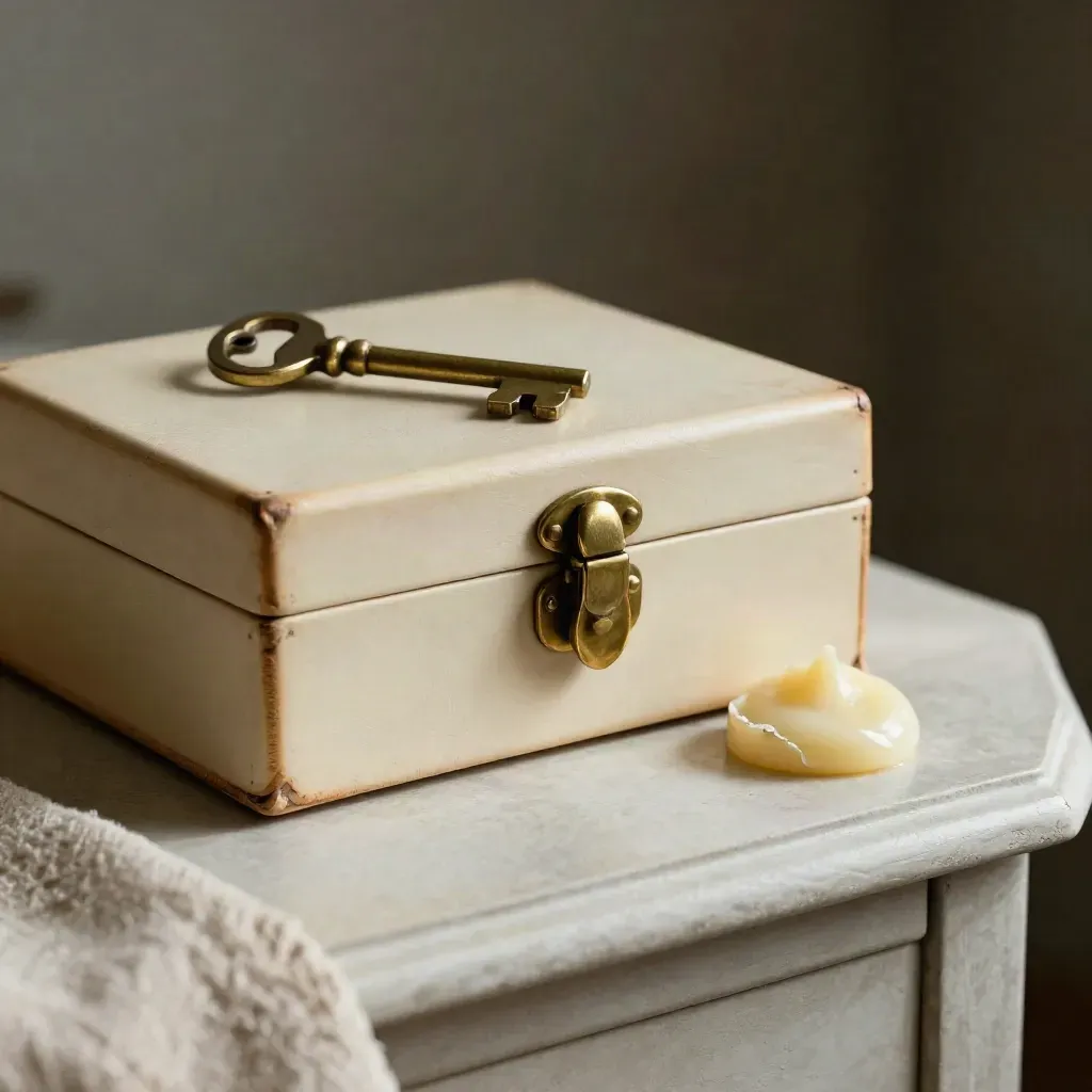 Ivory folio box, brass key and sealing wax on a pale plaster sideboard.