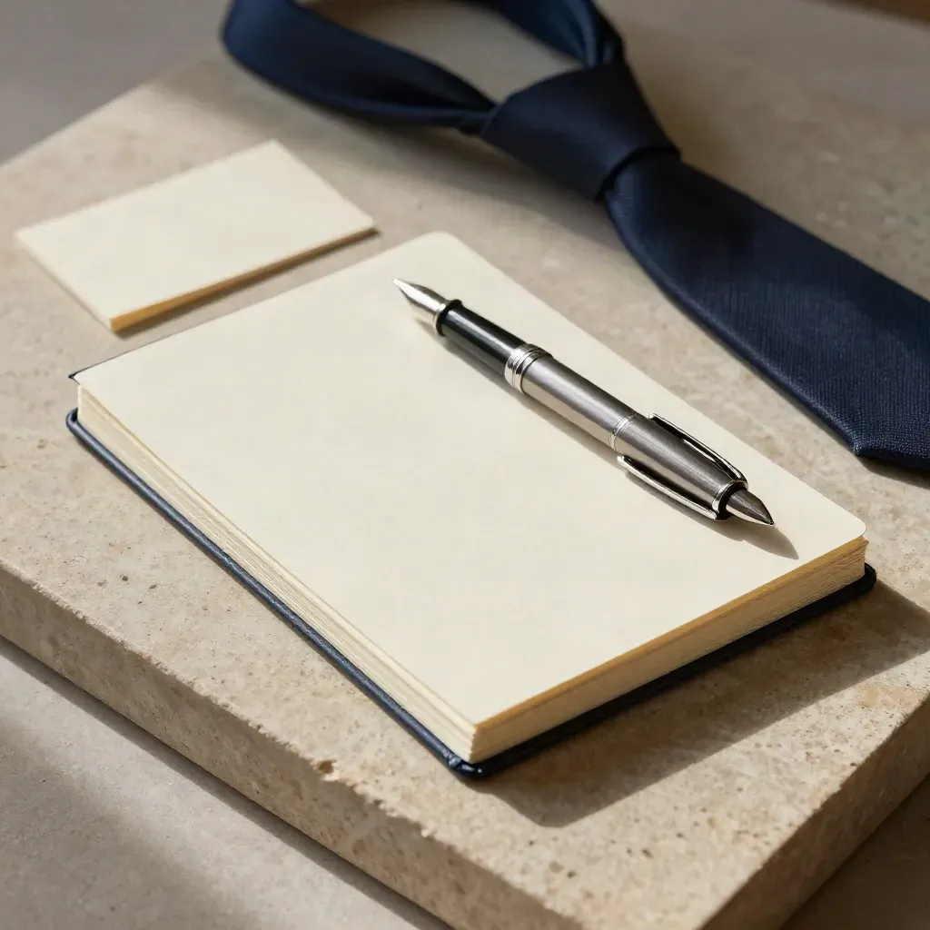 Folder, pen and folded notepad on a stone tray with soft side light and warm haze.