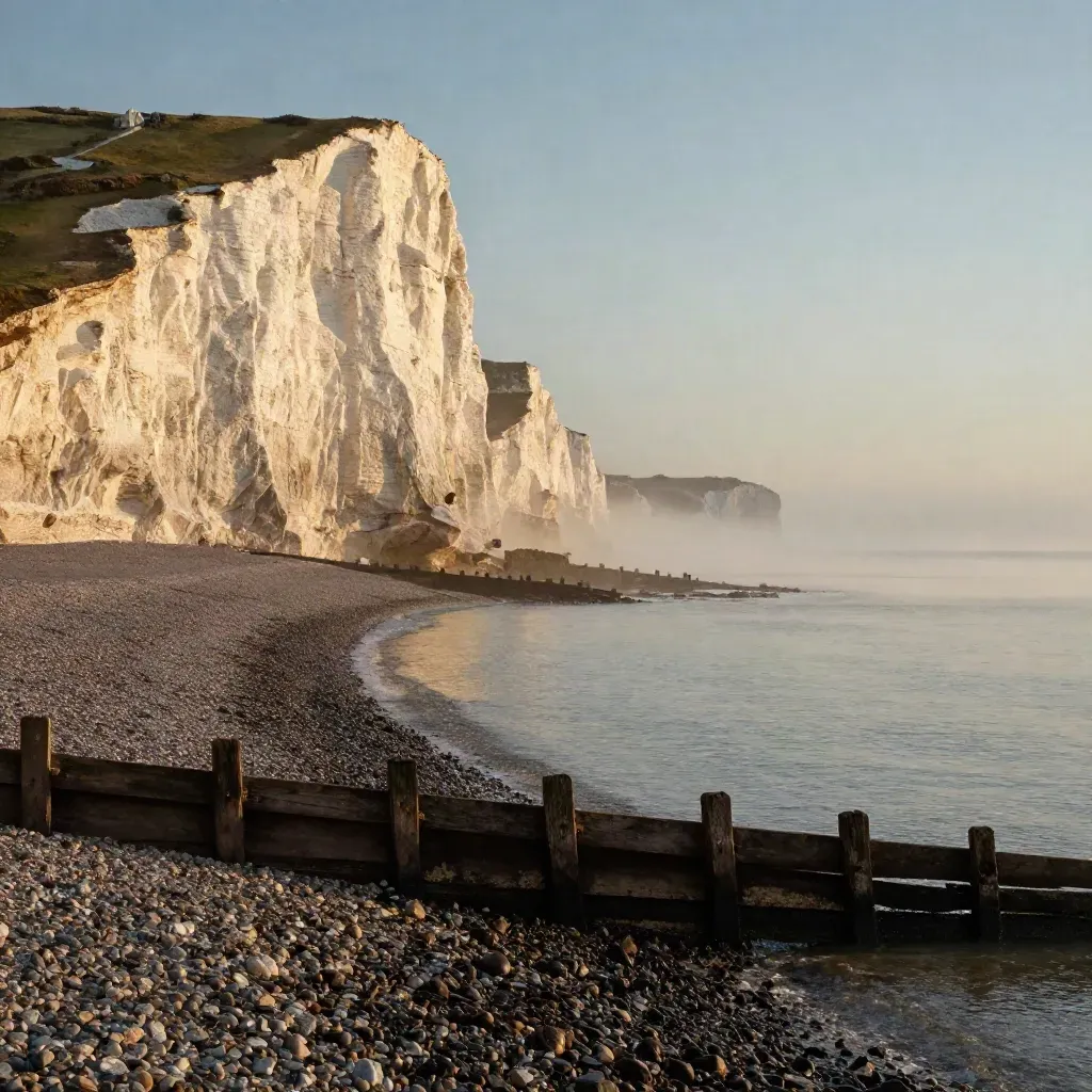 Golden-hour chalk cliffs above a misty shingle coast in South East England