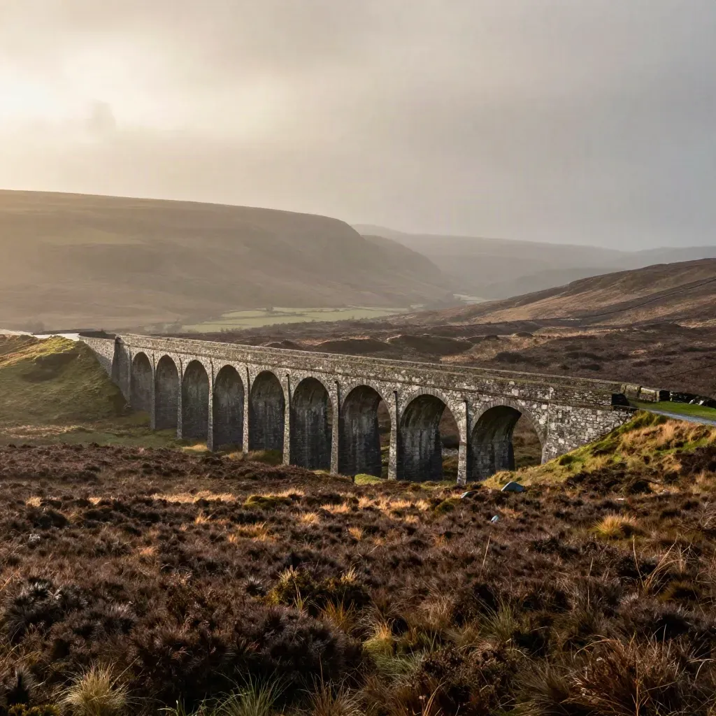 Rain-washed North West England moorland with a stone viaduct high above a misty open valley.
