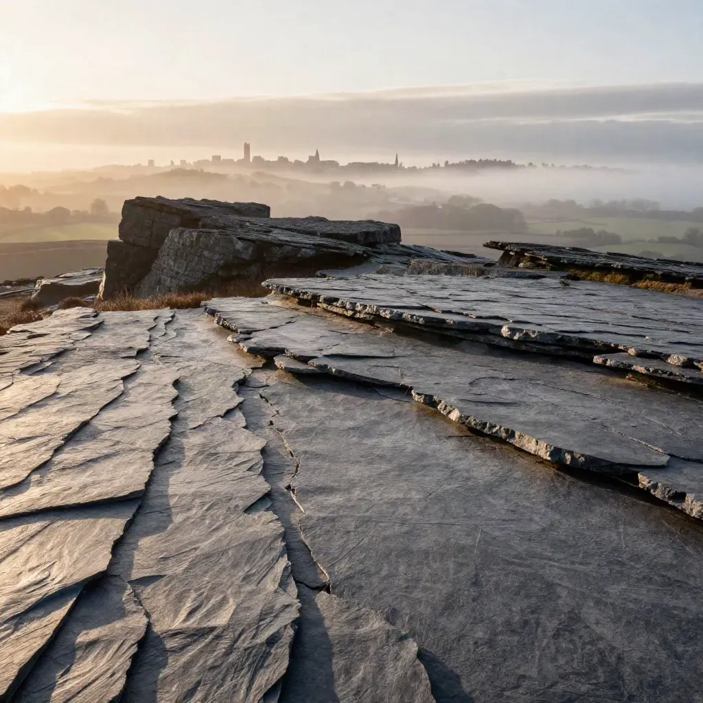 Misty slate ridgelines and a distant city silhouette at sunrise, with calm space below.