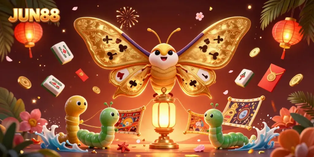 Experience the vibrant magic of JUN88, showcasing a cartoon moth amidst thrilling casino elements.