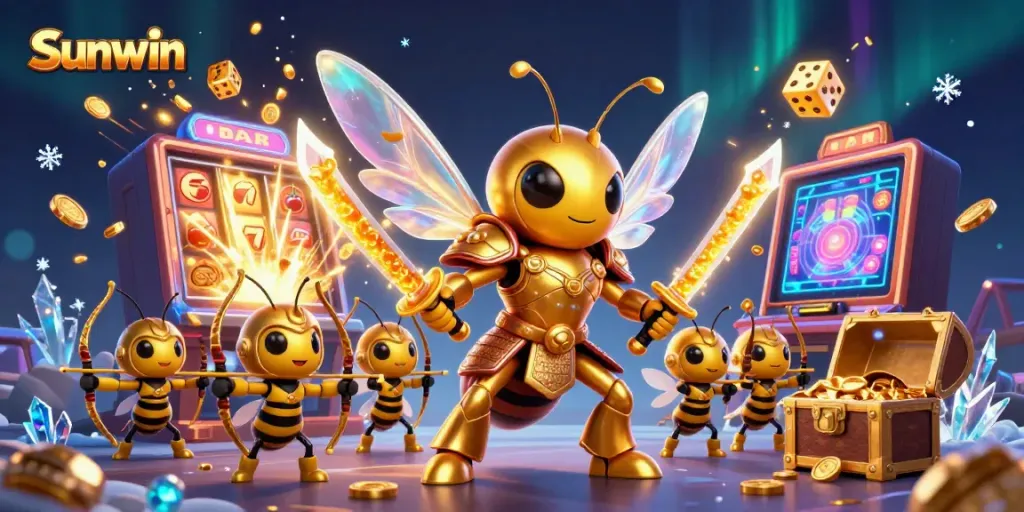 Engage in thrilling slots action with Sunwin, featuring dynamic cartoon characters and a vibrant casino backdrop.