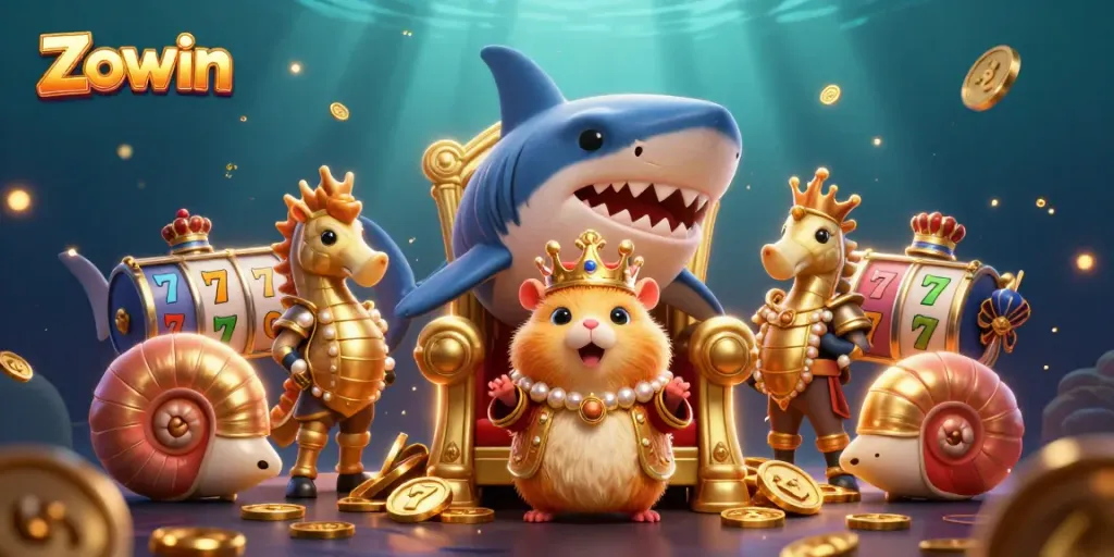 Zowin offers vibrant gaming experiences with a golden hamster king, slot reels, and treasures in a dazzling underwater scene.