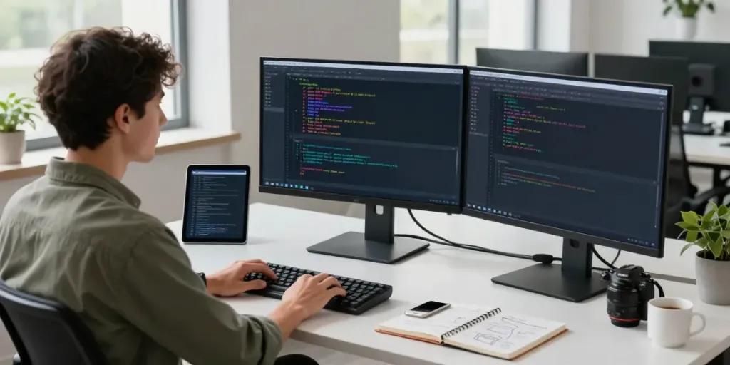 Developer utilizing instant indexing in a modern tech workspace, focused on coding with dual monitors in a bright office.