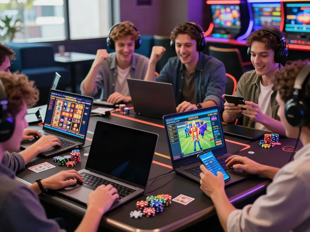 Dynamic gaming environment featuring players on https://gem88.jpn.com/ engaging with slot games and sports betting.