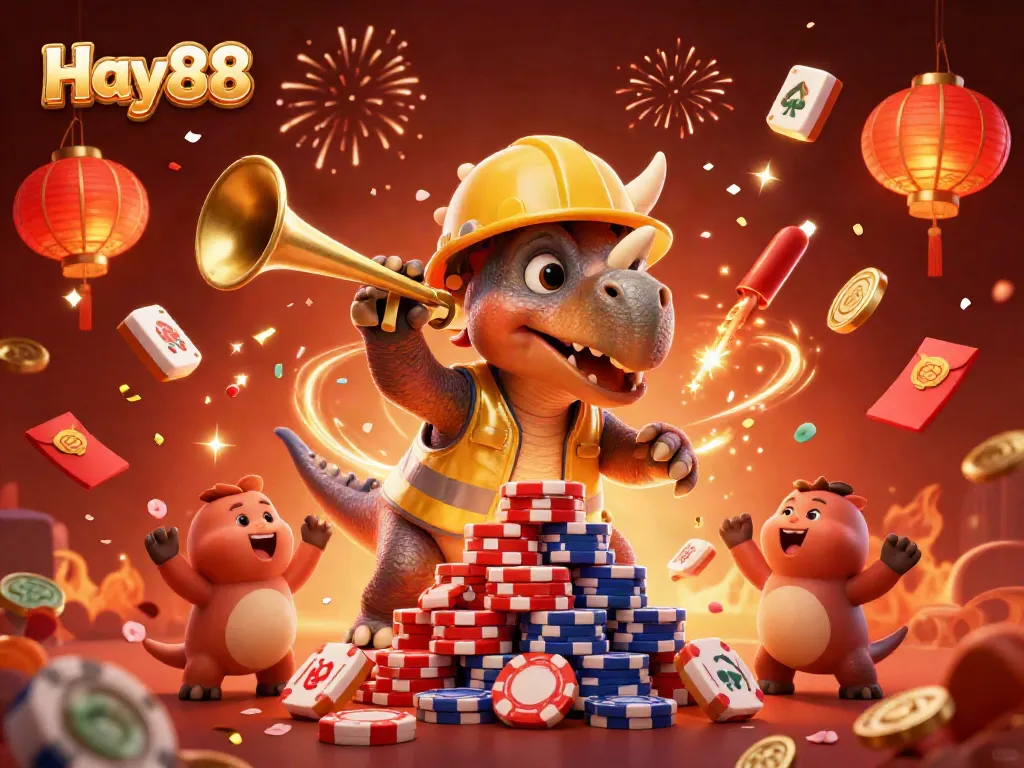 Experience the excitement of Hay88 with vibrant 3D visuals featuring a triceratops and celebrations around casino elements.