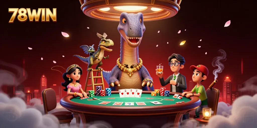 Join the fun with 78WIN at a dynamic casino scene featuring cartoon characters and poker action!