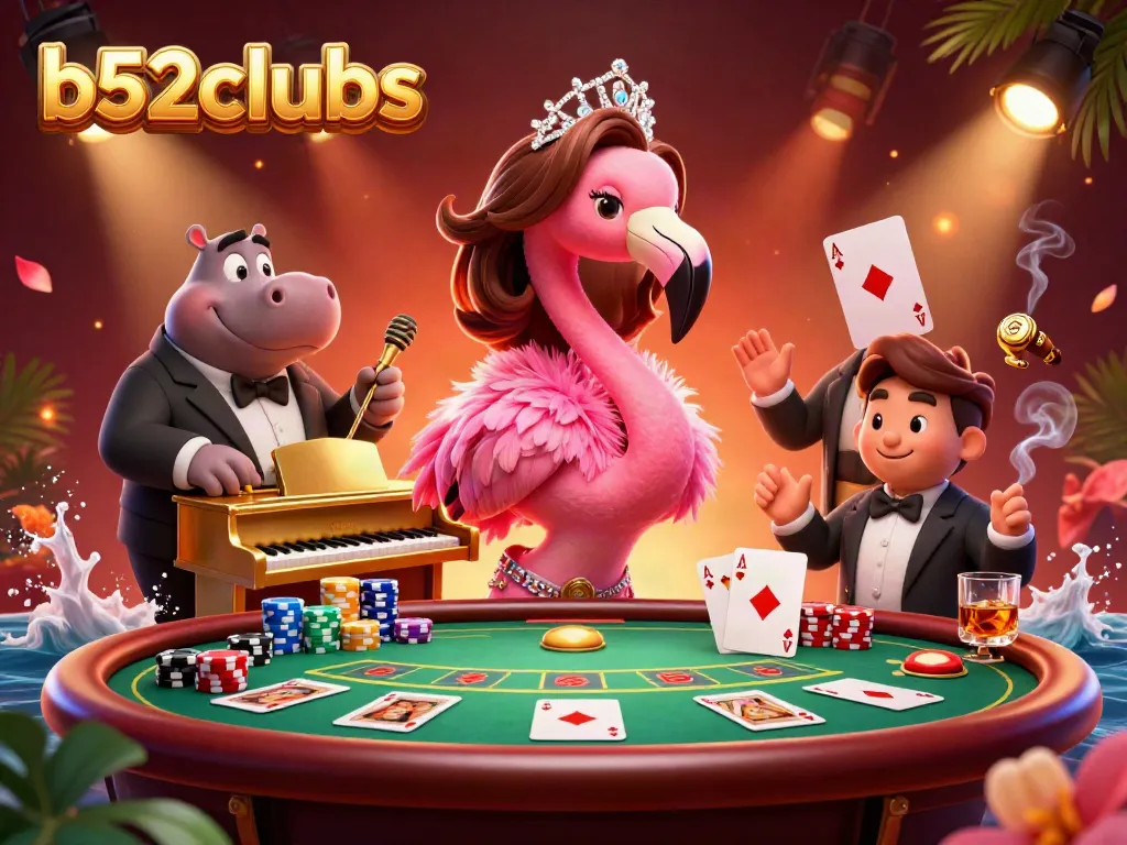 b52clubs dazzling poker scene featuring a flamingo singer and hippo bassist in a vibrant casino atmosphere