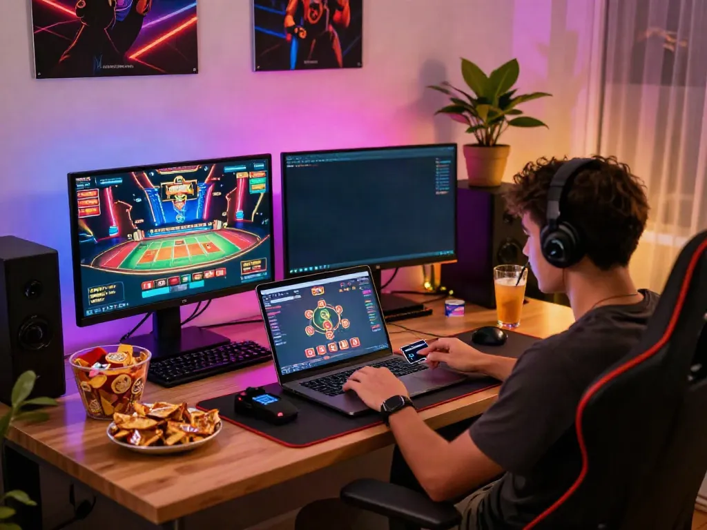 Player engaging in exciting games at casinos that accept credit card in a modern home setup with vibrant lighting.