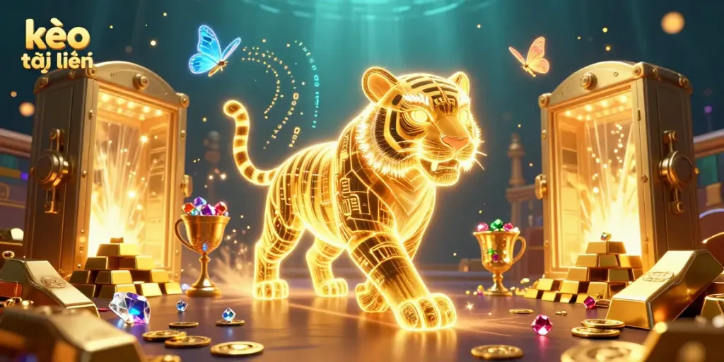 Bet big with kèo trực tuyến at a vibrant digital casino featuring a neon tiger and treasure.