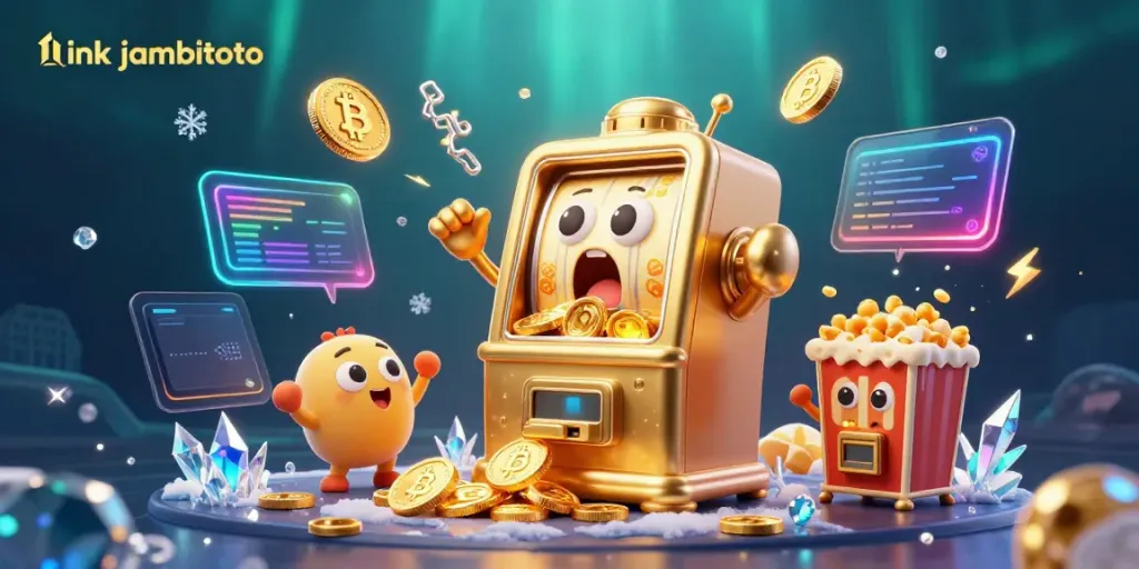 Engage with the thrilling world of gambling through link jambitoto, featuring a vibrant 3D illustration of celebratory slot machines.