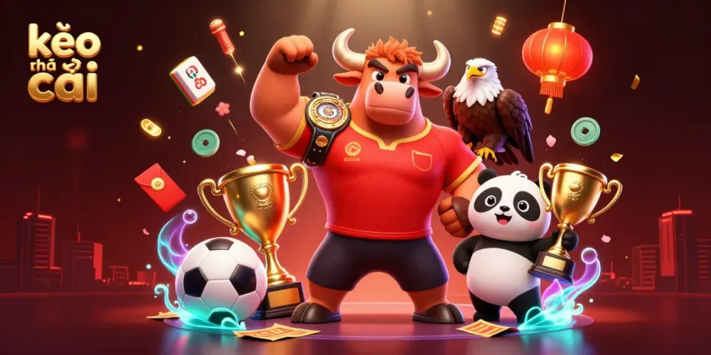 Bet on exciting kèo nhà cái promotions with vibrant characters celebrating wins and sports elements.
