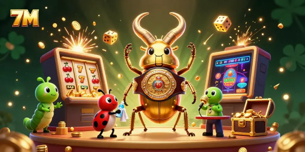 Experience thrilling gaming action with 7M, where vibrant slot machine symbols and dynamic characters collide.