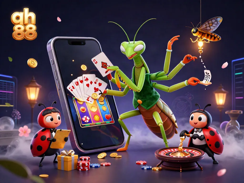 Experience vibrant gameplay with qh 88, where a giant mantis deals cards and a ladybug oversees thrilling gambling action.