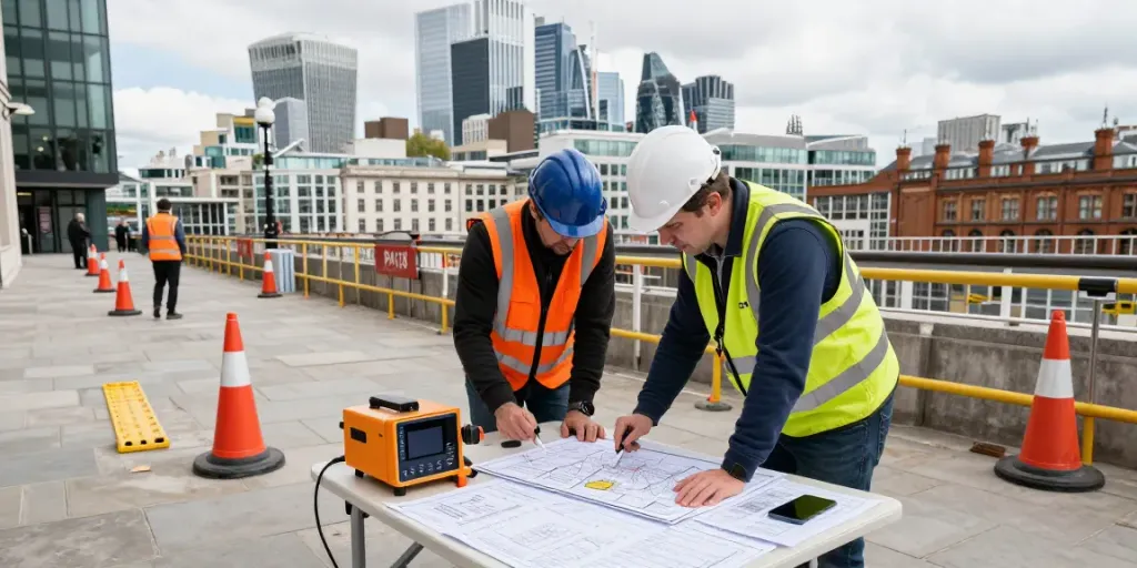 PAS 128 Survey London in action, workers mapping underground utilities in an urban environment.