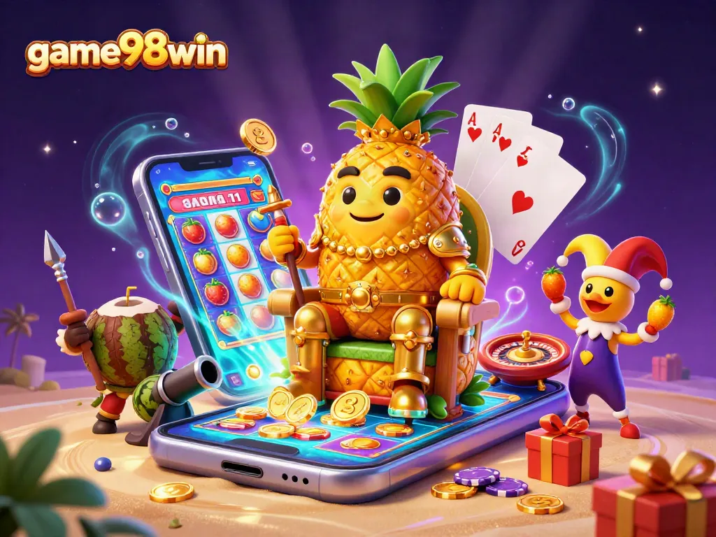 Experience thrilling action with game98win in a vibrant casino scene featuring a golden pineapple king.