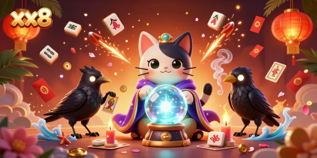 Experience the thrill of xx8 with vibrant casino elements featuring a mystical cat and raven.