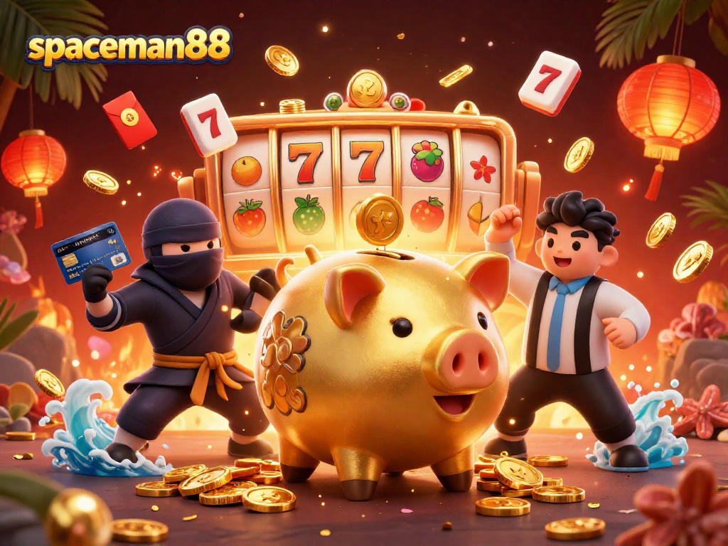 Experience the thrill of spaceman88 with an action-packed casino scene of golden characters and exciting slots.