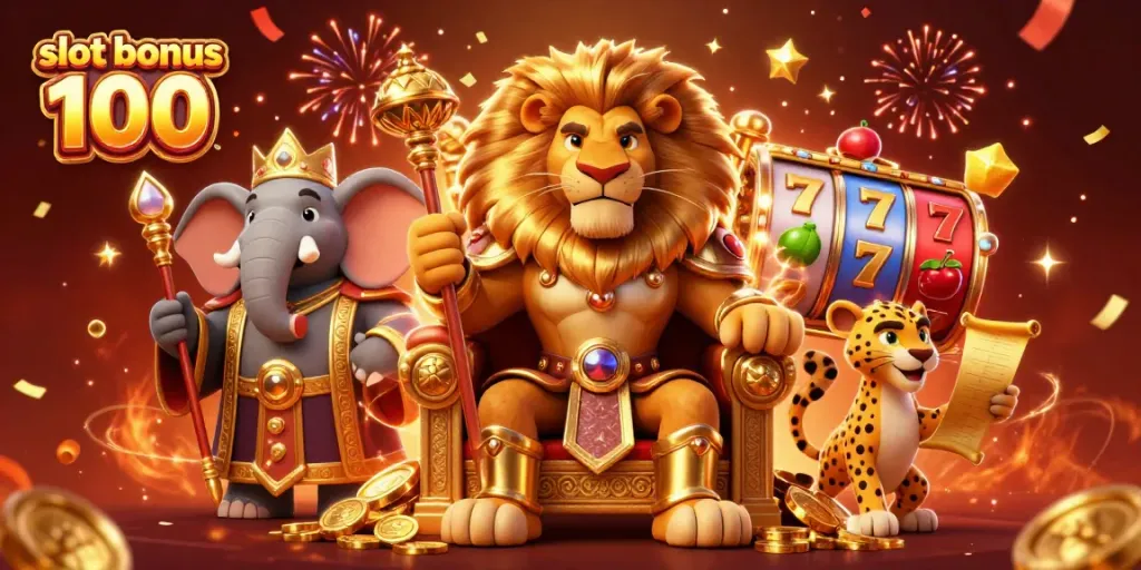 Experience thrilling wins with slot bonus 100 in a vibrant casino-themed illustration featuring dynamic characters and exciting elements.