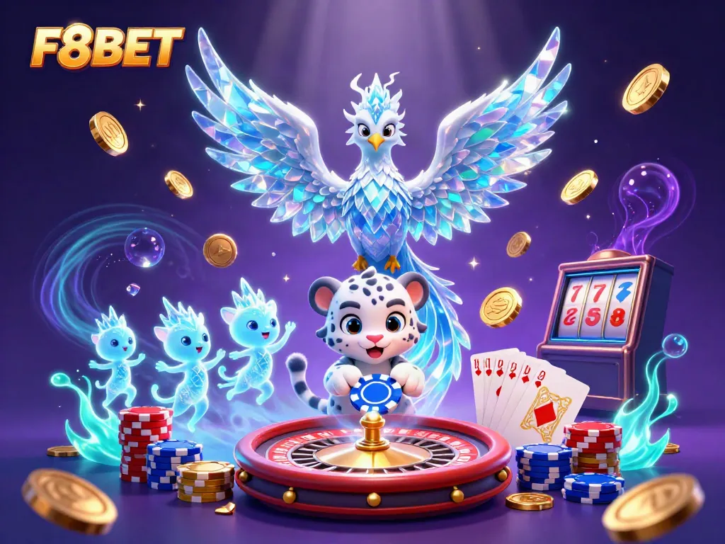 Experience F8BET in an ultra-detailed 3D casino scene with an ice phoenix, poker chips, and dazzling lights.