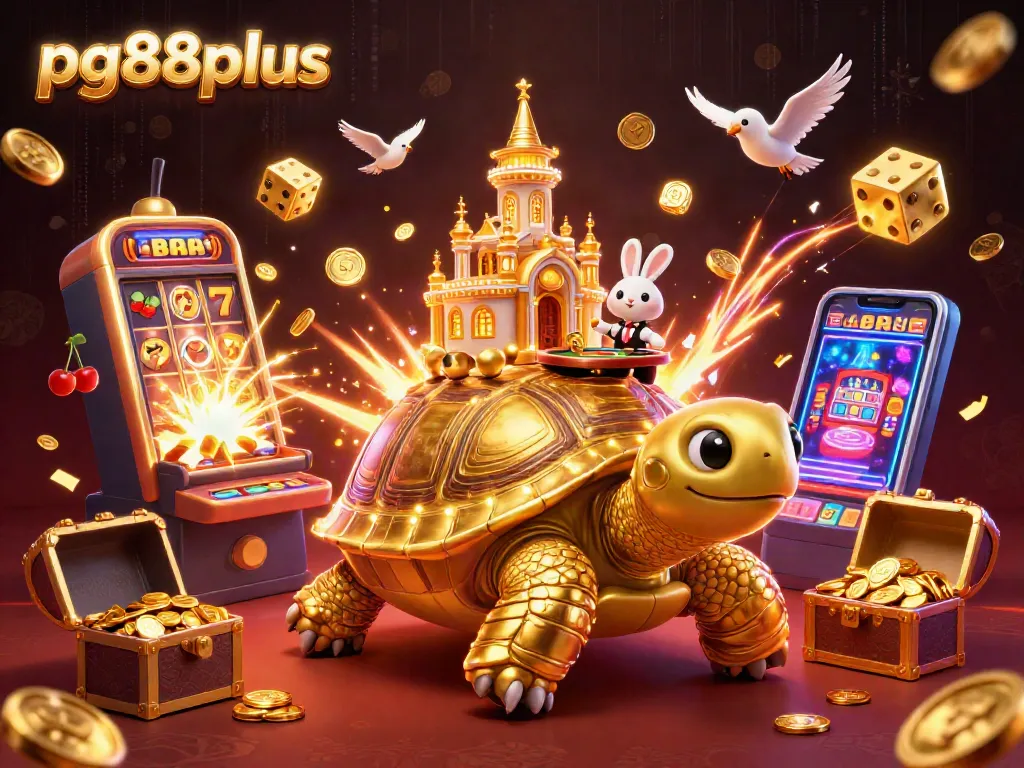 Experience the vibrant pg88plus casino world with golden tortoise, rabbit dealer, and slot machine action!
