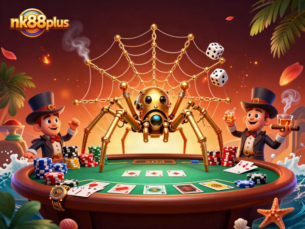 Experience strategic plays at nk88plus with a golden spider, poker chips, and lavish casino elements.