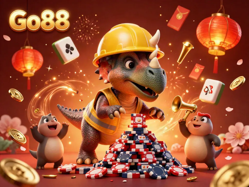 Experience Go88's vibrant gaming world with a triceratops building poker chips amidst cheerful celebration.