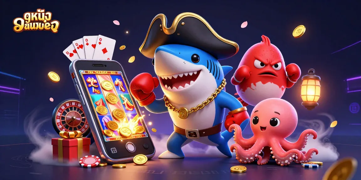 Engage in ดูหนังออนไลน์ with a vibrant, dynamic illustration featuring casino-themed characters and gaming elements.