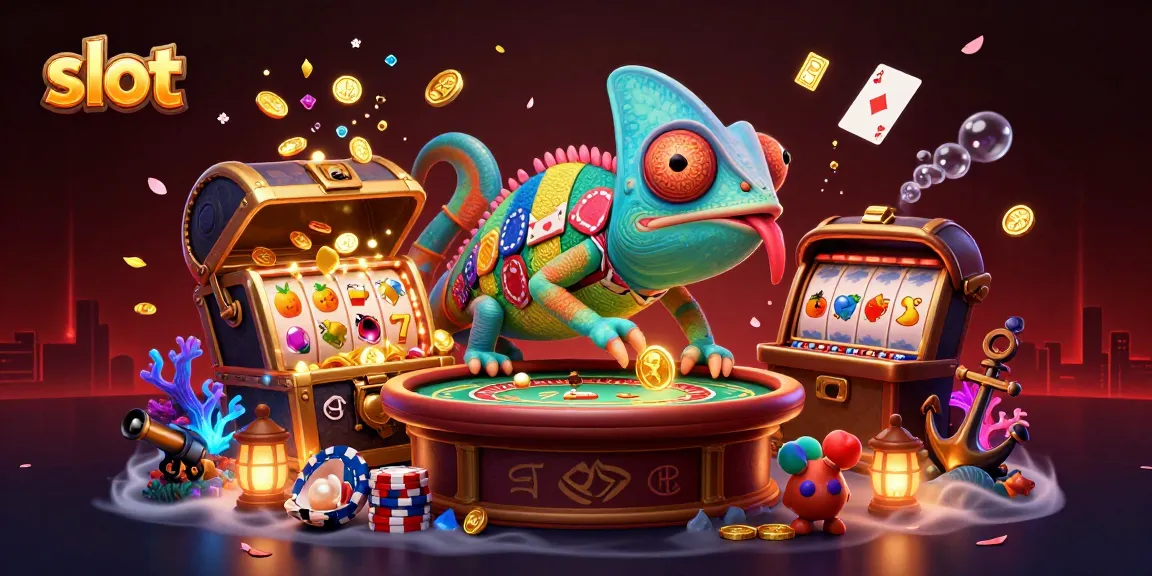 Engage in exciting slot gameplay with vibrant visuals of chameleon casino owner and dynamic slot elements.