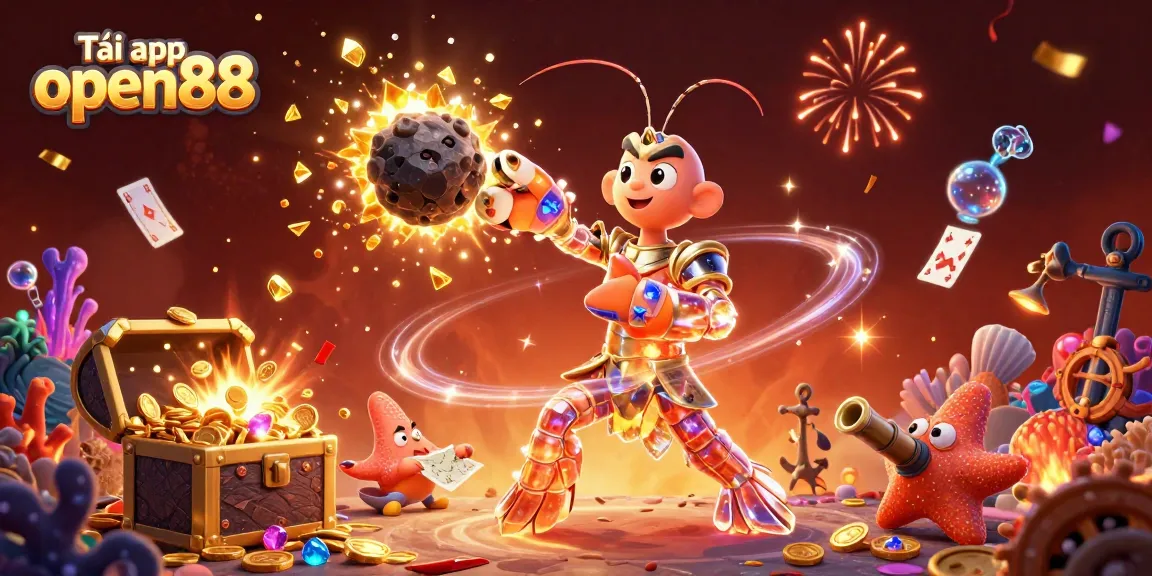 Experience the thrill of Tải app open88 with a vibrant 3D gaming scene featuring exciting underwater treasures.