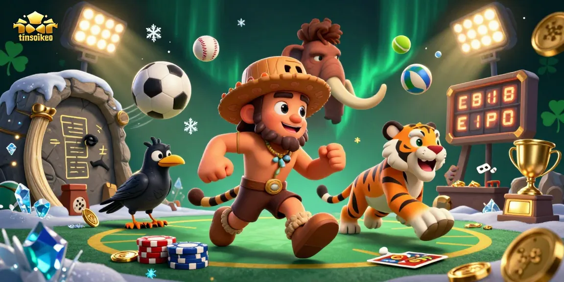 Engage with tinsoikeo's prehistoric casino featuring a caveman, sabertooth tiger, and dynamic sports elements.