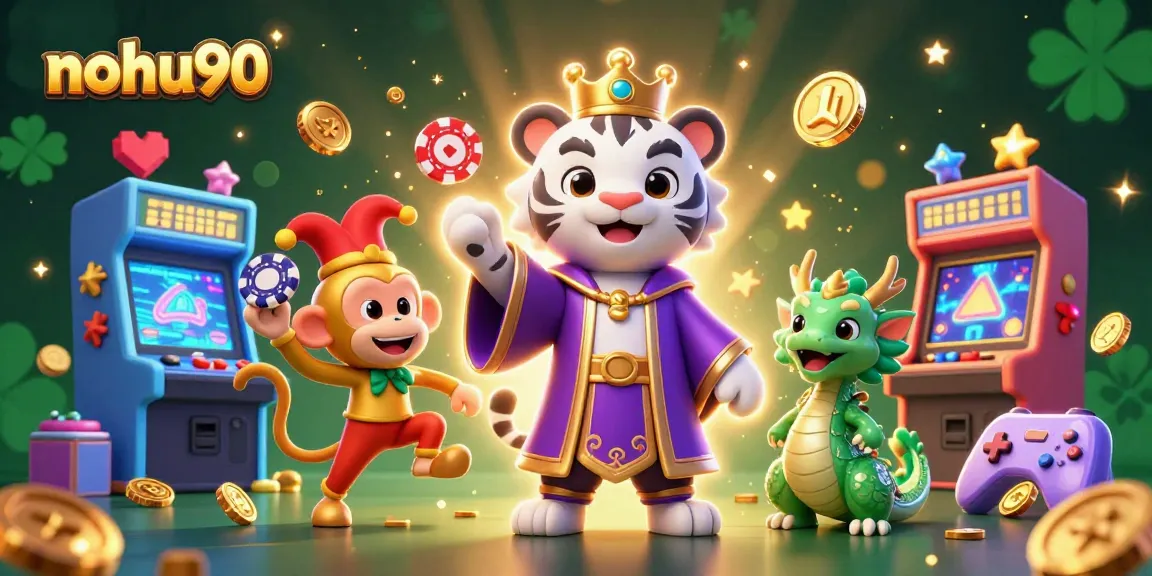 Nohu90 brings excitement as a cartoon white tiger leads gaming fun amidst vibrant slot machines.