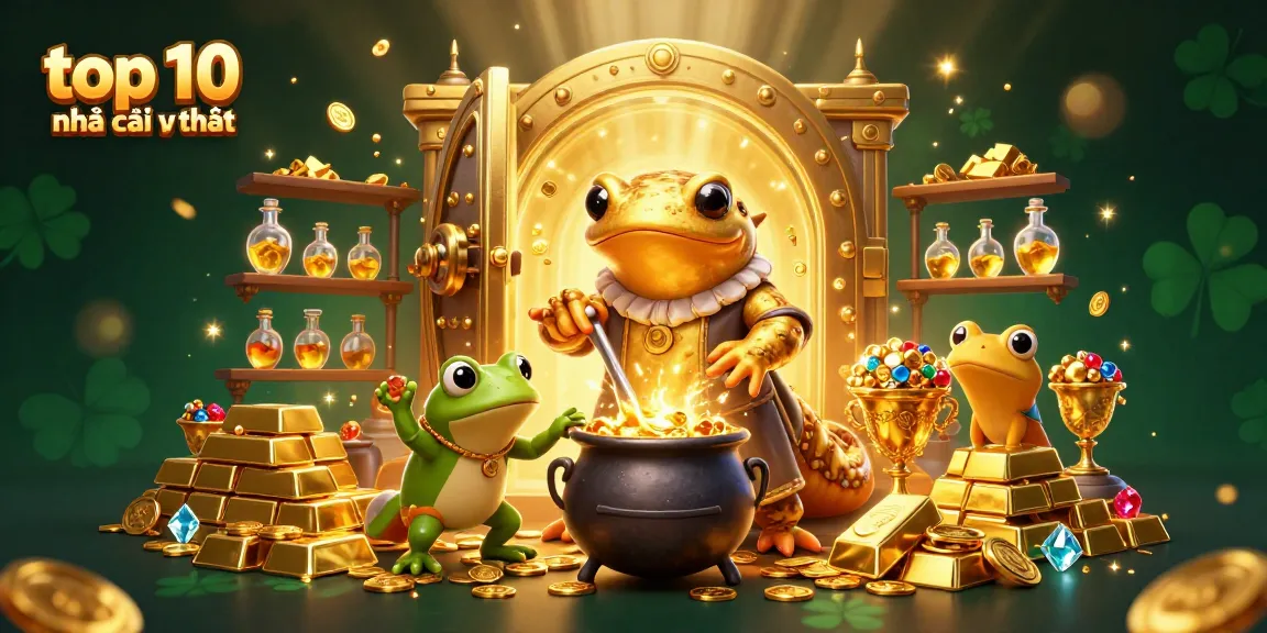 Immerse in the vibrant scene featuring an alchemist and frog apprentice revealing the top 10 nhà cái uy tín hidden treasures of the casino world.
