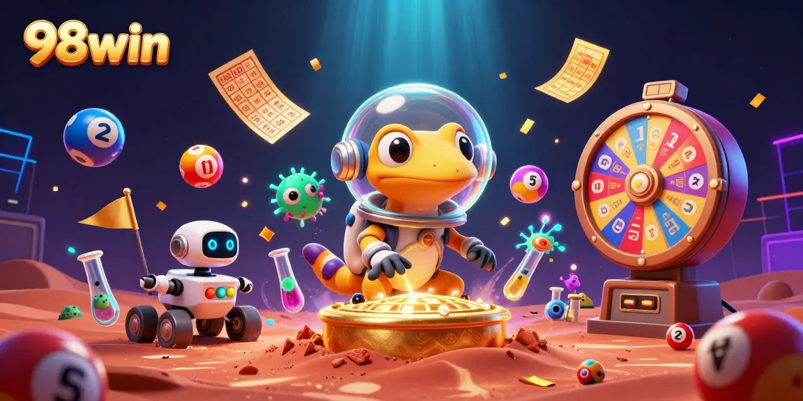 Engage in thrilling wins with 98win's vibrant casino theme in space.