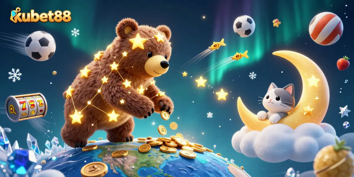 Experience thrilling gameplay at kubet88 with dazzling slot reels, a constellation bear, and vibrant casino elements.