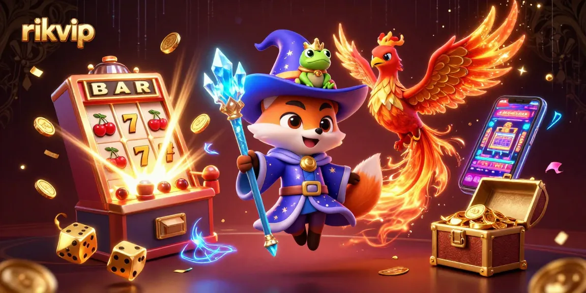Play exciting games at rikvip and win big rewards on this vibrant casino-themed scene.
