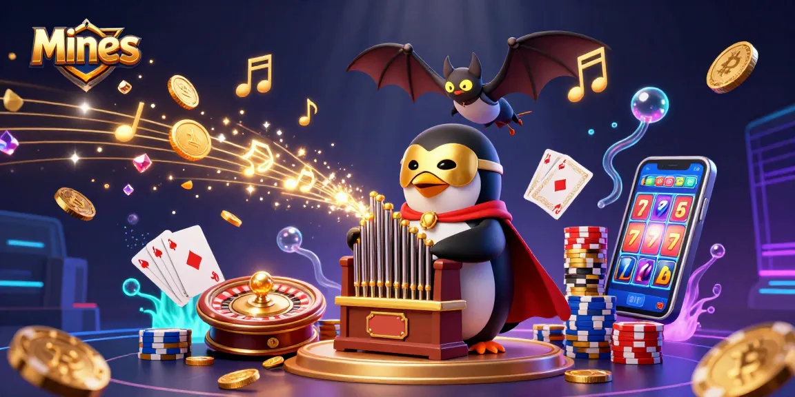 Mines casino scene with a penguin playing organ, shooting gold coins and 3D game elements.