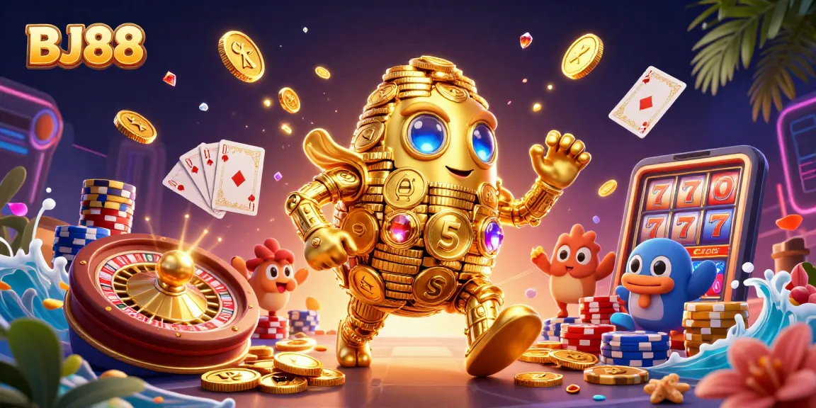 Experience the thrill of BJ88 with this dynamic illustration of a golden golem and casino elements.