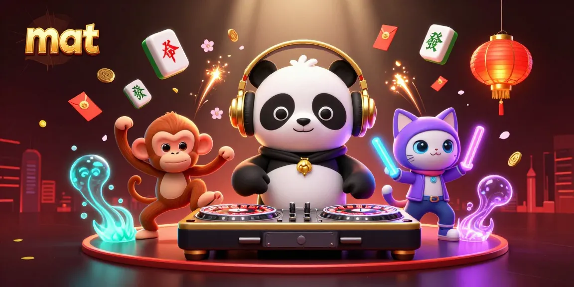 Win big with mat-inspired casino scene featuring DJ panda and vibrant characters.