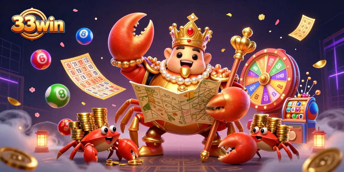 Engage with 33win’s golden crab emperor amidst dynamic lottery elements in this vibrant casino scene.
