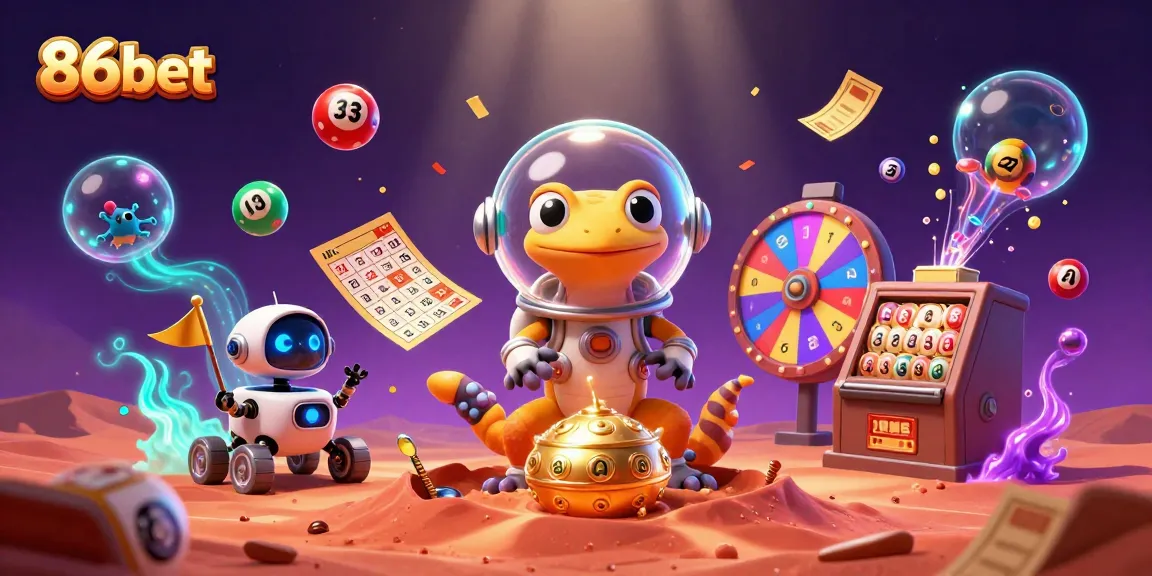 Engage with 86bet's thrilling gaming adventure featuring a cartoon Martian gecko in a casino.